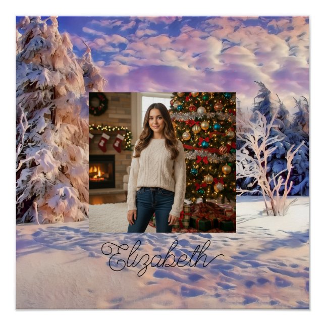 Póster Photo Name Winter Scenery Purple Pink Watercolor  (Frente)