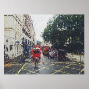 POSTER PHOTO OF RED BUS ON STREET FROM WINDOW