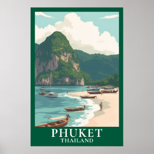 Poster Phuket Tailândia Viagem Barco Longtail Praia Vinta