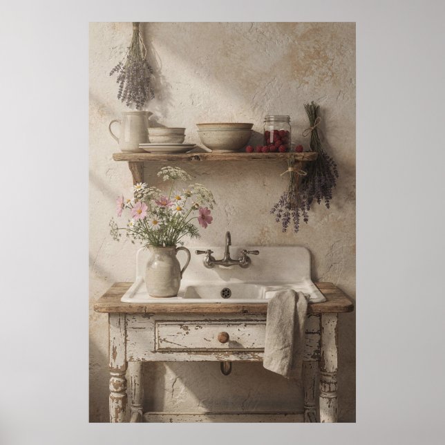 Poster Pia de Cozinha Rústica com Lavanda e Flores Silves (Frente)