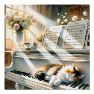 Póster Piano de Casa de Gato Ensolarado Sonho Cottagecore