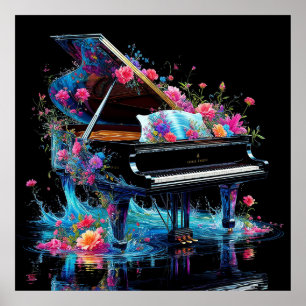 Poster Piano de Cauda Adornado com Floral Artístico