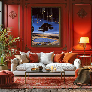 Poster Piano Flutuante Surreal com Notas Musicais