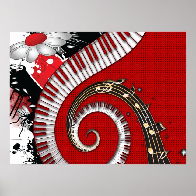 Póster Piano Keys Music Notes Grunge Floral Swirls (Frente)