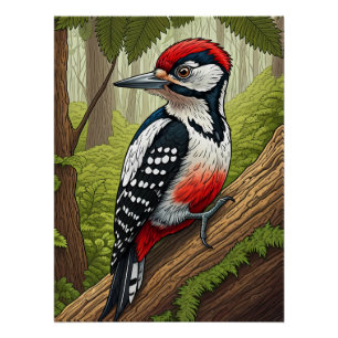 Póster Pica-Pau Colorido na Floresta
