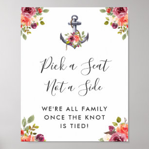 Poster Picareta floral do casamento da âncora náutica u