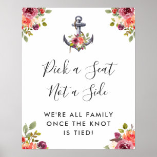 Poster Picareta floral do casamento da âncora náutica u
