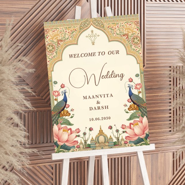 Poster Pichwai Indian Lotus Peacock Wedding Welcome Sign (Criador carregado)