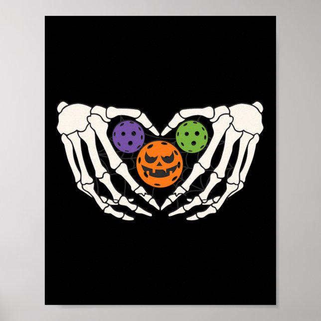 Poster Pickleball Halloween Skeleton Mãos Adoram Coração (Frente)