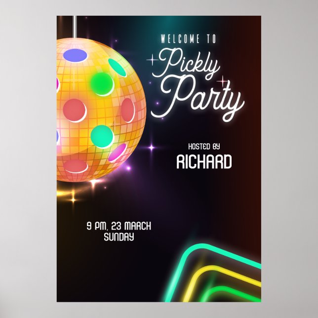 Poster Pickleball Sports Neon Theme Disco Party (Frente)