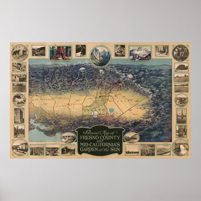 Poster Pictorial do Condado de Map Fresno, Jardim do Sol (Frente)