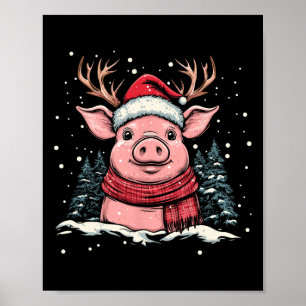 Poster Pig Reindeer Santa Hat Natal