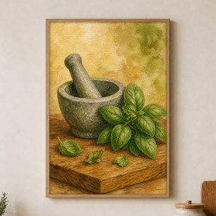 Poster Pilão e Almofariz com Pôster de Aquarela de Manjer
