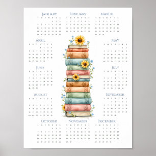 Poster Pilha de Livros Calendário de Uma Página de 2026 A