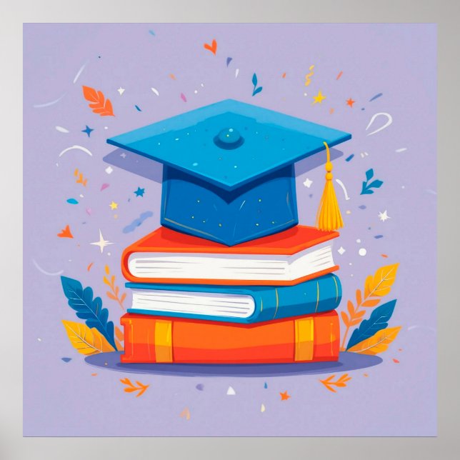 Poster Pilha de Livros com Chapéu de Formatura (Frente)