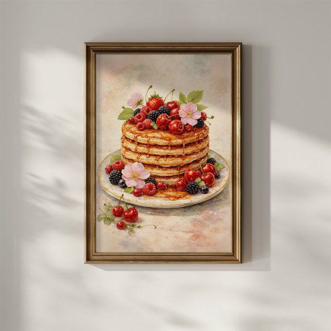 Poster Pilha de Panqueca de Frutas Vermelhas Vintage (Criador carregado)