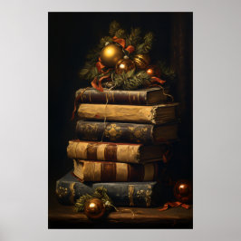 Poster Pilha de Vintage de Livros com Decoração de Natal