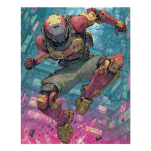 Póster Piloto de Mecha Cyberpunk Salto na Cidade Neon Art
