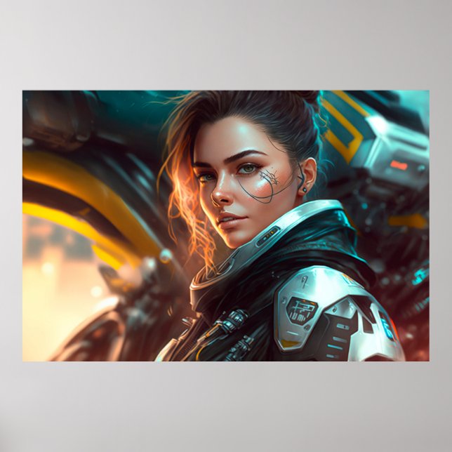 Poster Piloto de mulher em uma cidade do futuro (Frente)