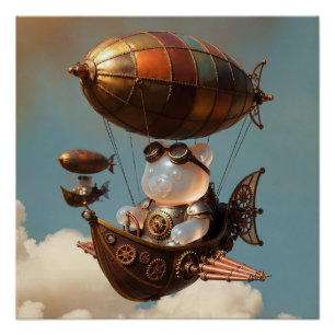 Póster Piloto de Urso Gummy Steampunk em Dirigível Fantás
