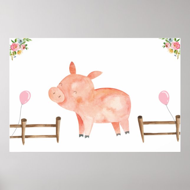 Poster Pin-Tail Pig Farm Animal Girl Birthday Pink (Frente)