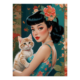 Póster Pin-Up Asiático e Kitten Bonito
