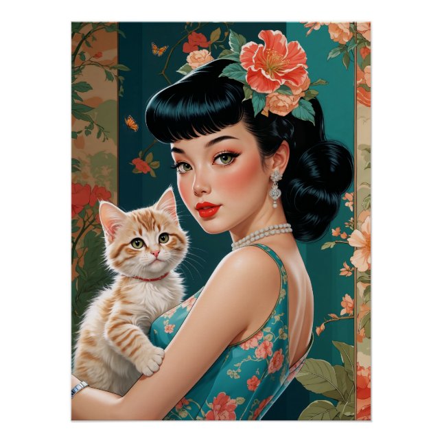 Póster Pin-Up Asiático e Kitten Bonito (Frente)