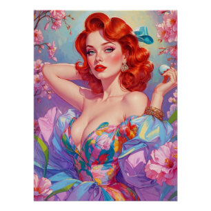 Póster Pin-up de cabeça vermelha com flores cor-de-rosa d