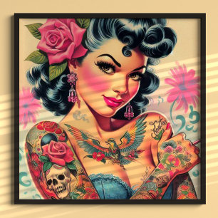 Poster Pin-up de Cuta Retro Tatuado