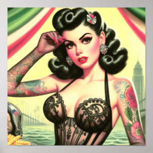 Poster Pin-up de Cuta Retro Tatuado