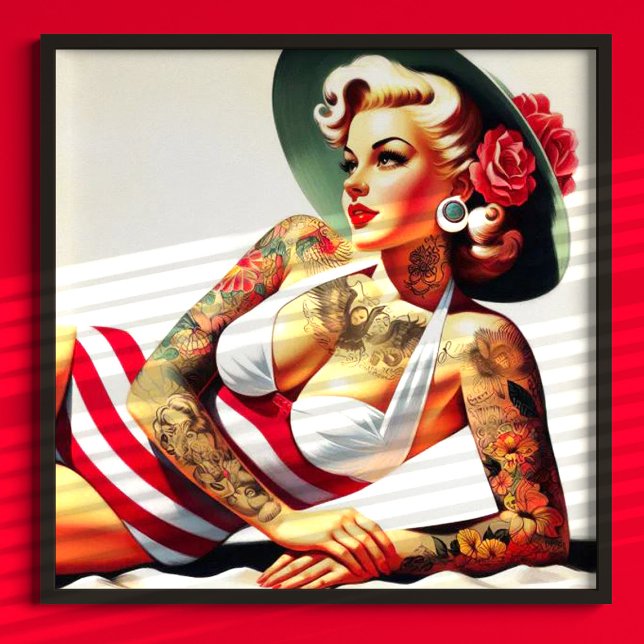 Poster Pin-up de maiô com tatuagem retrô (Criador carregado)