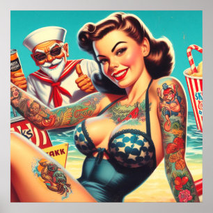 Poster Pin-up de praia tatuada