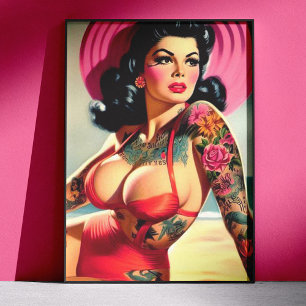Póster Pin-up de Praia Tatuada