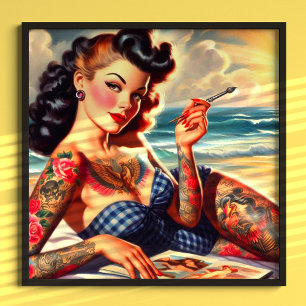 Poster Pin-up de praia tatuada pela Vintage