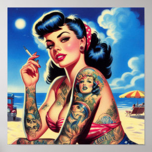 Poster Pin-up de Verão Bikini Tatuado por Retro