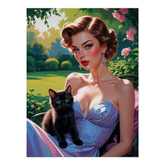 Póster Pin-Up em Primavera com Gatinho Preto Bonito (Frente)