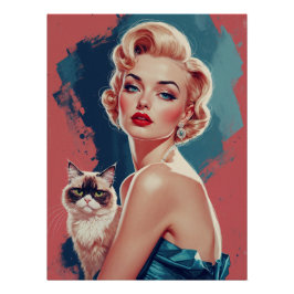 Póster Pin-up loiro com gato rabugento