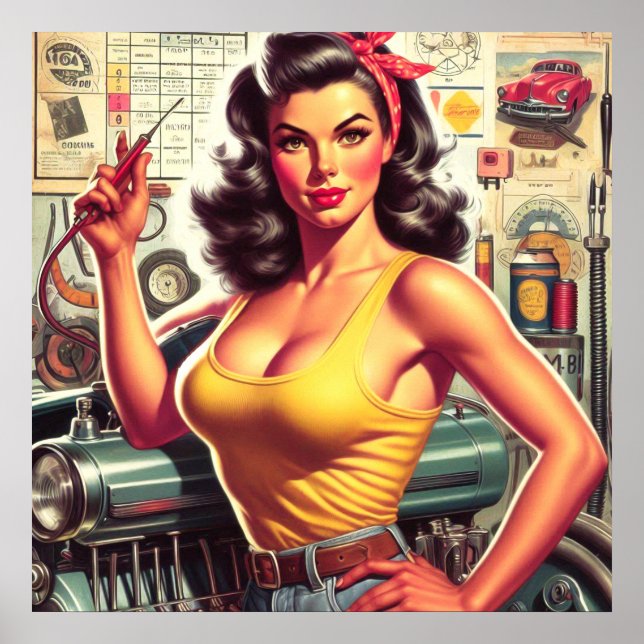 Poster Pin-up mecânico de garagem (Frente)