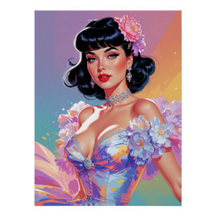 Póster Pin-Up Preto com Elegância Floral de Bangs