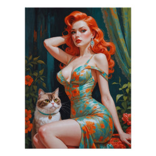 Póster Pin-Up Redhead com Cat Floral