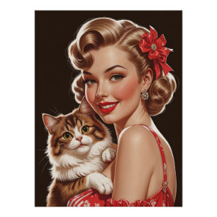 Póster Pin-Up Sorridente com Retrato de Gato
