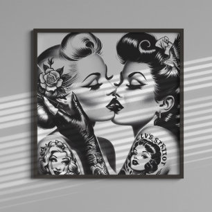 Poster Pin-ups beijando retrô