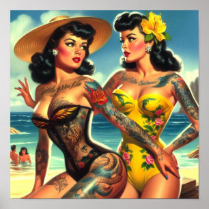 Poster Pin-ups de praia vintage tatuadas