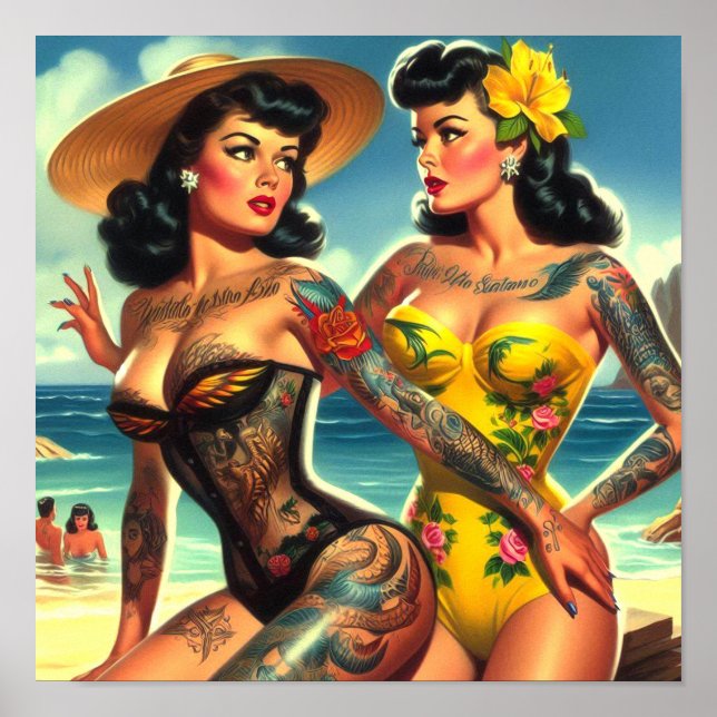 Poster Pin-ups de praia vintage tatuadas (Frente)