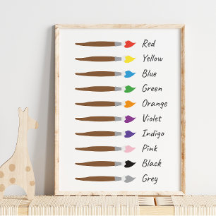Poster Pincéis Modernos com Nomes de Cores Educacional