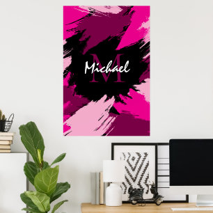 Poster Pinceladas tons de rosa quente nome com monograma