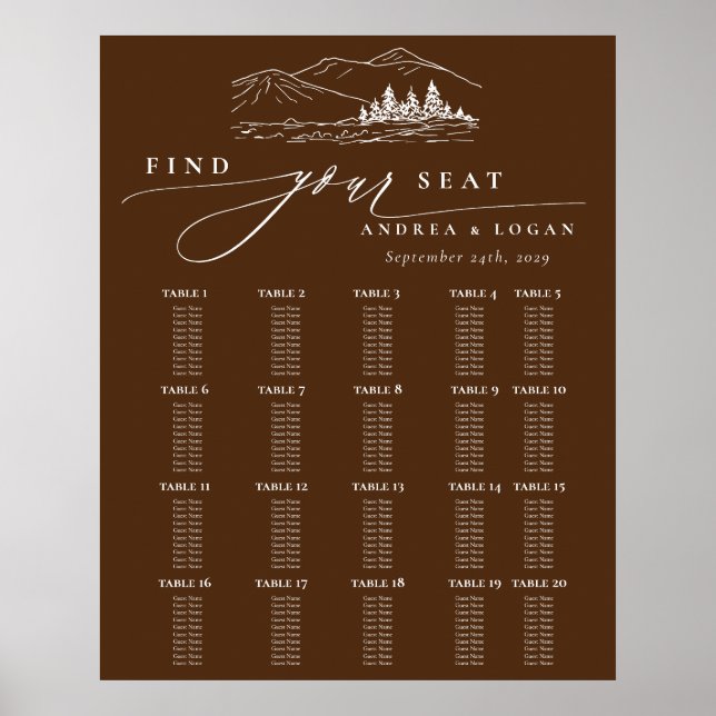 Poster Pine Tree Rustic Mountain Wedding Seating Chart (Frente)