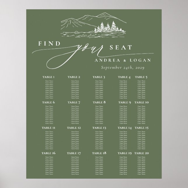 Poster Pine Tree Rustic Mountain Wedding Seating Chart (Frente)
