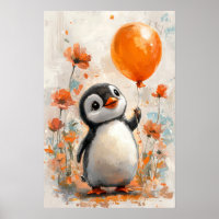 Pinguim alegre com pintura digital de balão laranj