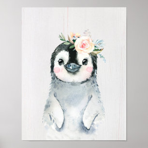 Poster Pinguim Bebê Floral em Aquarela, Animais Nevados